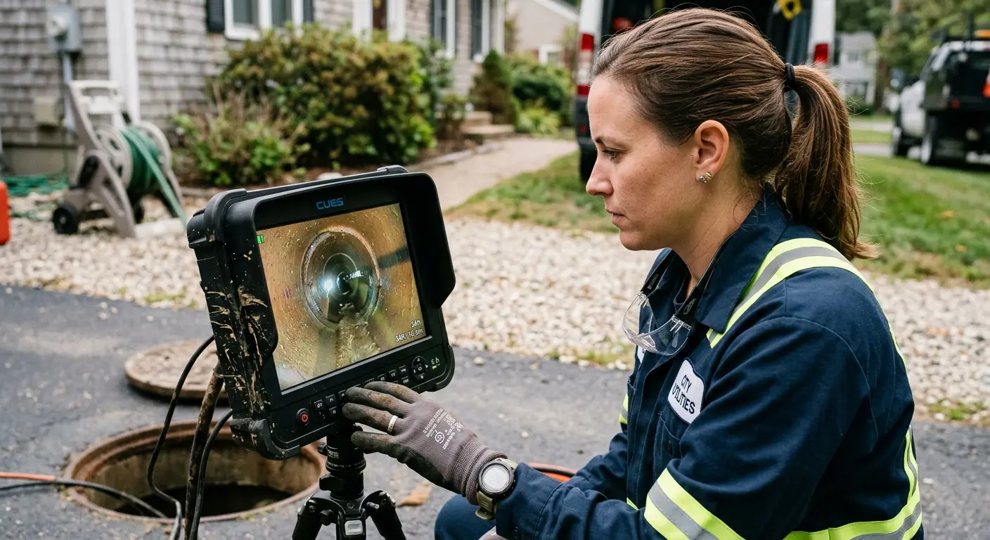 Technician reviewing sewer camera inspection footage in Tavares