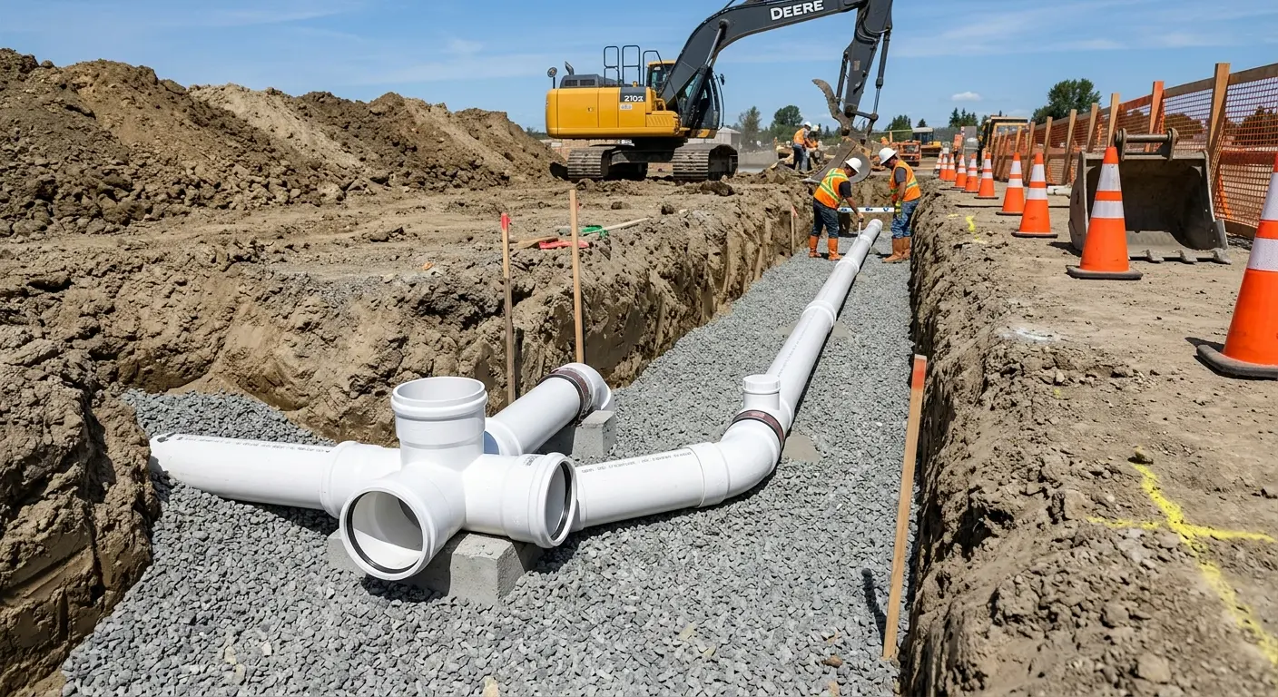 New PVC sewer pipe installation in open trench for Commercial Drain Cleaning in Tavares