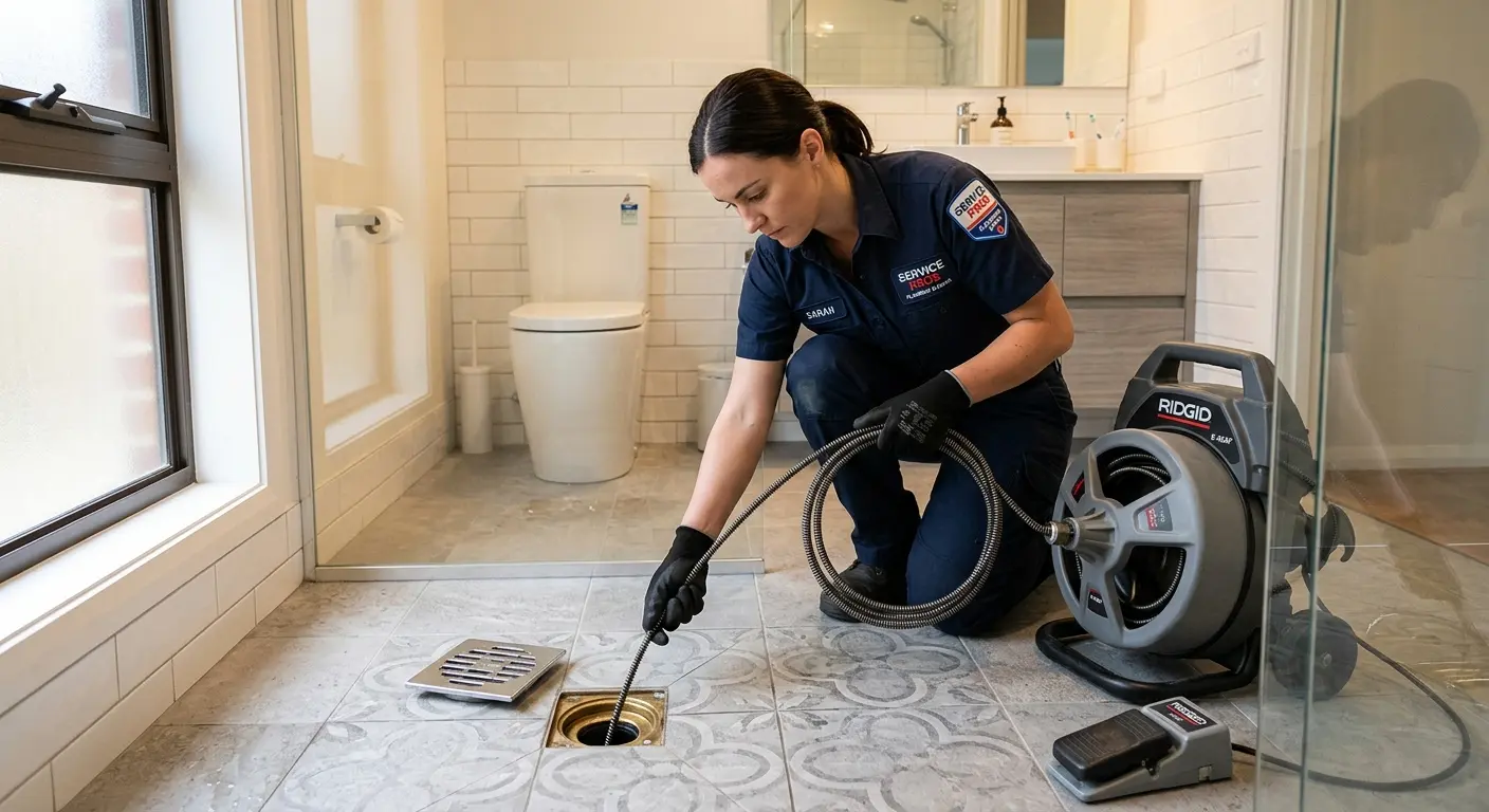 Technician clearing a bathroom floor drain for Clogged Drain Repair in Tavares